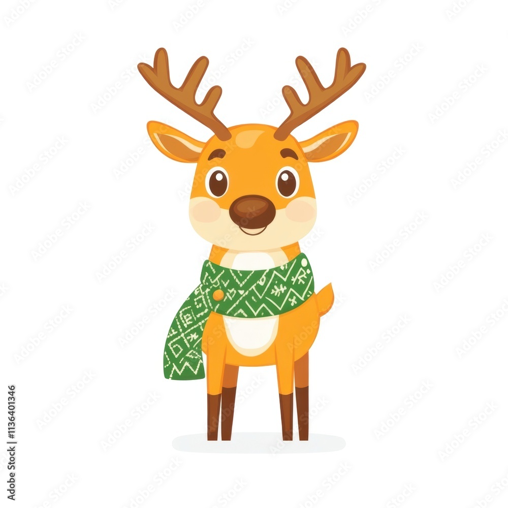A cheerful cartoon deer wearing a green scarf, perfect for festive themes. A cheerful cartoon deer wearing a green scarf, perfect for festive themes.