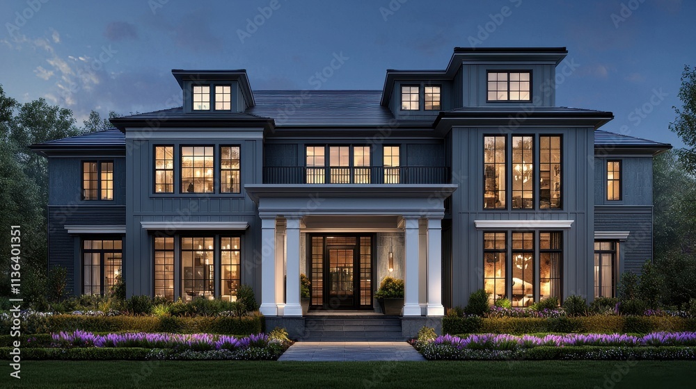 Fototapeta premium Elegant Modern House Exterior at Dusk Surrounded by Lush Greenery and Colorful Flowers