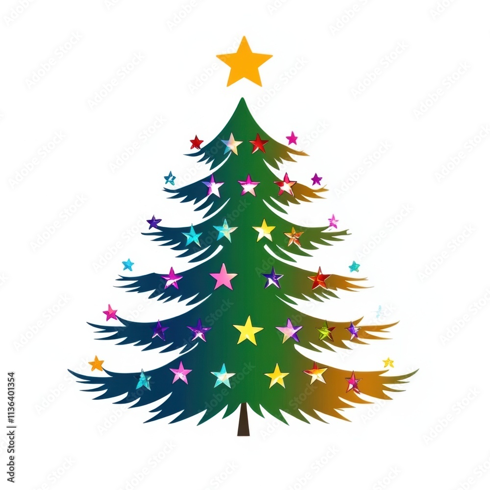 Obraz premium A colorful, stylized Christmas tree with a star on top and decorative stars.