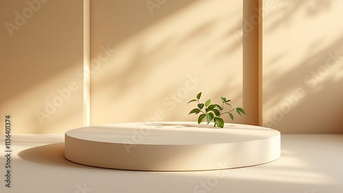 beautiful podium template studio plant render green product splay leaves shadow presentation background stone leaf beige sun nature pedestal falling minimal cosmetic photo