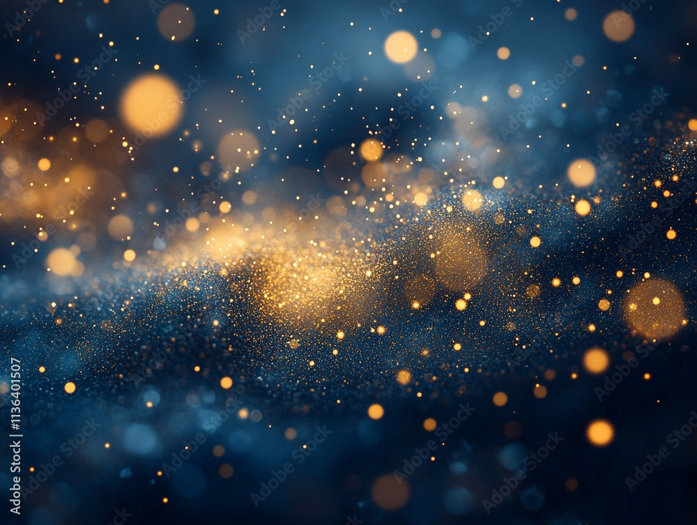 Obraz premium Soft gold particles twinkle delicately against a dark blue background, offering a modern yet timeless elegance