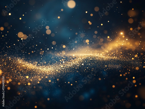 Soft gold particles twinkle delicately against a dark blue background, offering a modern yet timeless elegance