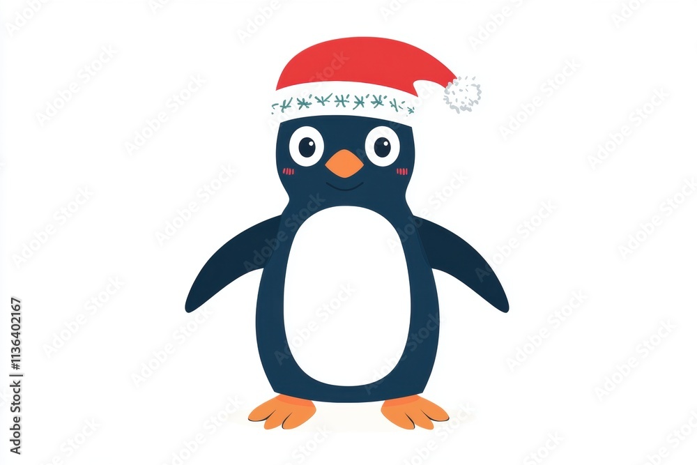 Fototapeta premium A cheerful penguin wearing a Santa hat, ready for the holiday season.