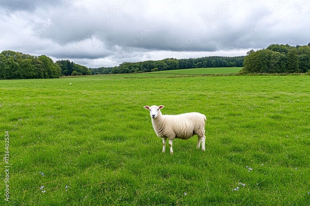 Fototapeta premium A meadow scene with a ewe grazing among tall foxgloves and delicate forget-me-nots