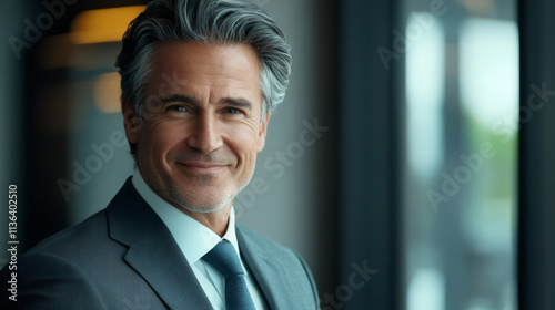 Confident mature executive smiling while seated in a modern office, exuding professionalism and leadership in a tailored suit