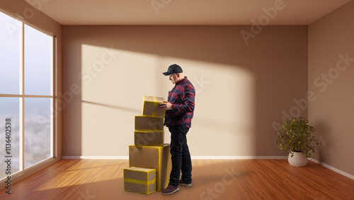 Moving boxes in hands man. ...