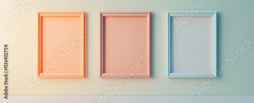 three empty picture frames on the wall in pastel colors photo