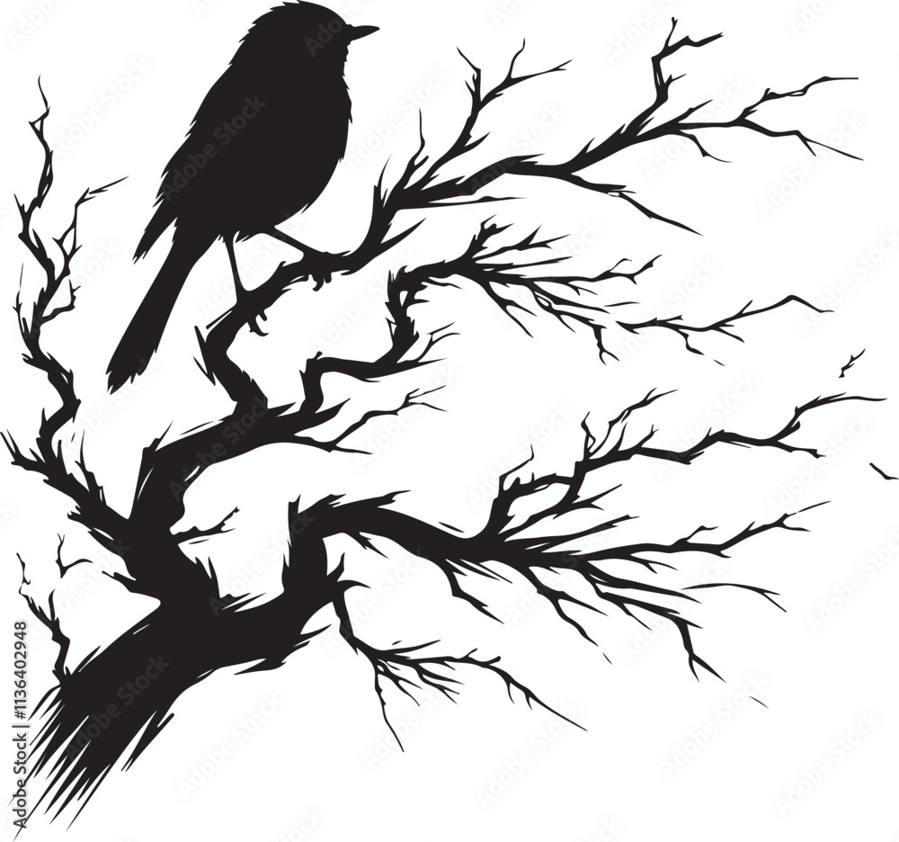 Fototapeta premium Bird Fly on the Tree Branches silhouette