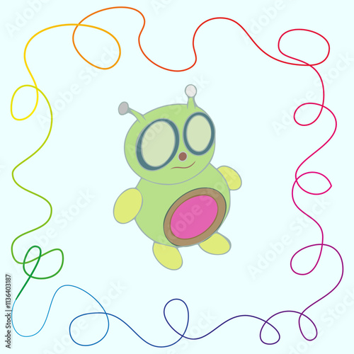 Colorful alien, fairy-tale character in a frame vector illustration on a white background