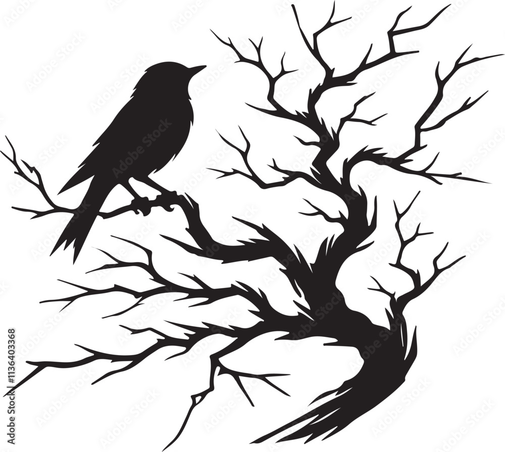 Fototapeta premium Bird Fly on the Tree Branches silhouette