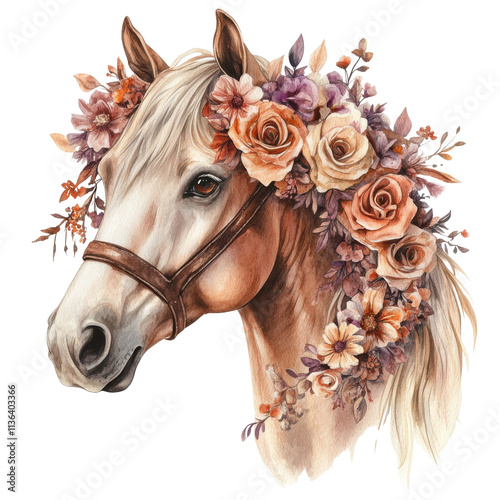 A beautifully detailed illustration of a horse adorned with a floral crown featuring roses and other blooms, on a white isolated background. photo