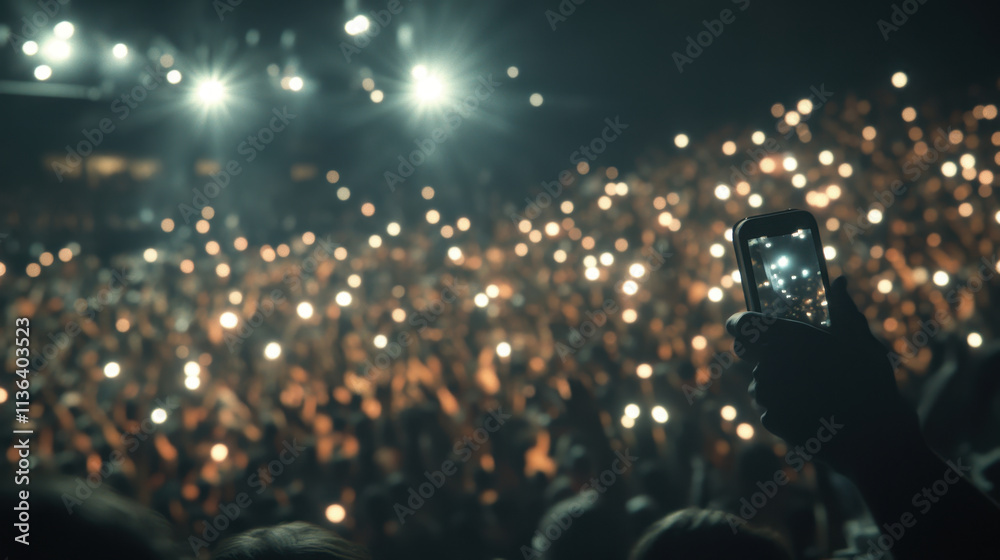 People at the concert light up the stands with flashlights, the crowd is experiencing live music