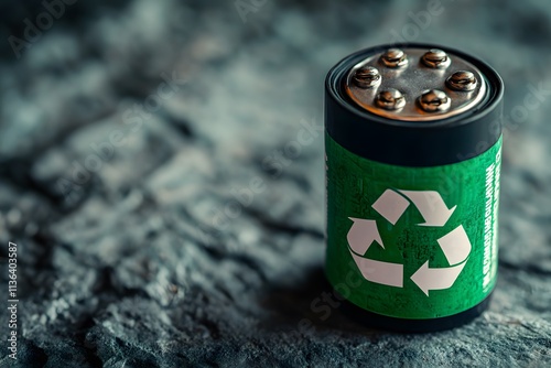 A battery with a recycling symbol on a textured surface, promoting eco-friendly practices.