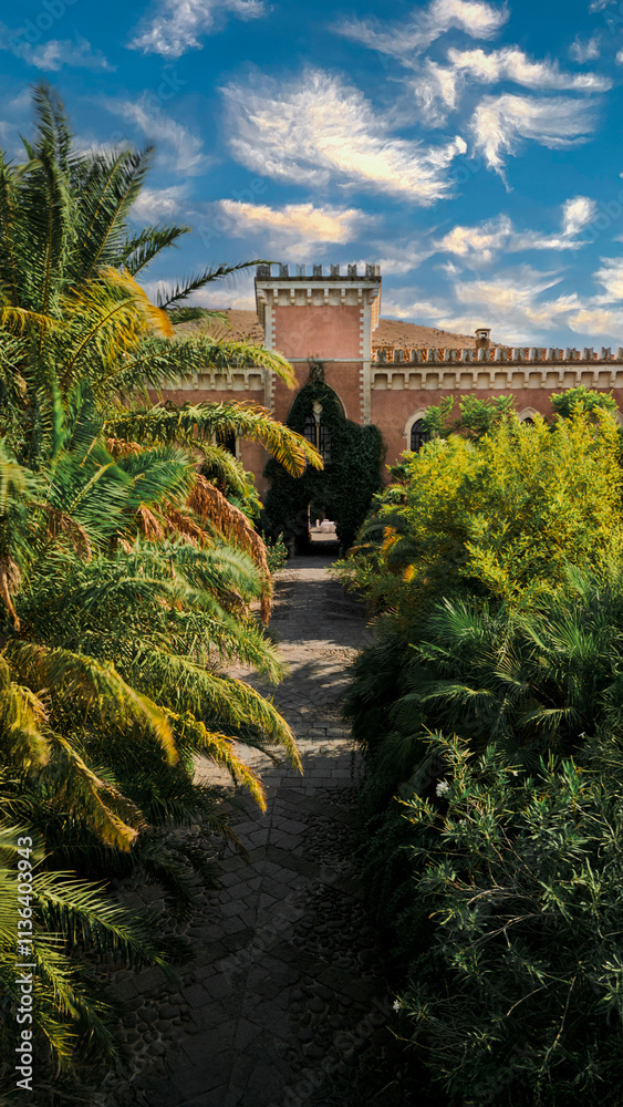 Aerial View of Sicilian Landscape with Palm Trees and Castello Xirumi in the Distance Aerial View of Sicilian Landscape with Palm Trees and Castello Xirumi in the Distance