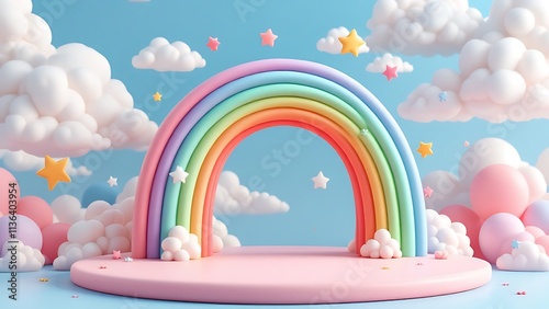 Background podium baby cute product 3d cloud kid children display banner room toy design blue. Podium scene boy background rainbow baby stand studio presentation shower template sale stage poster sky
