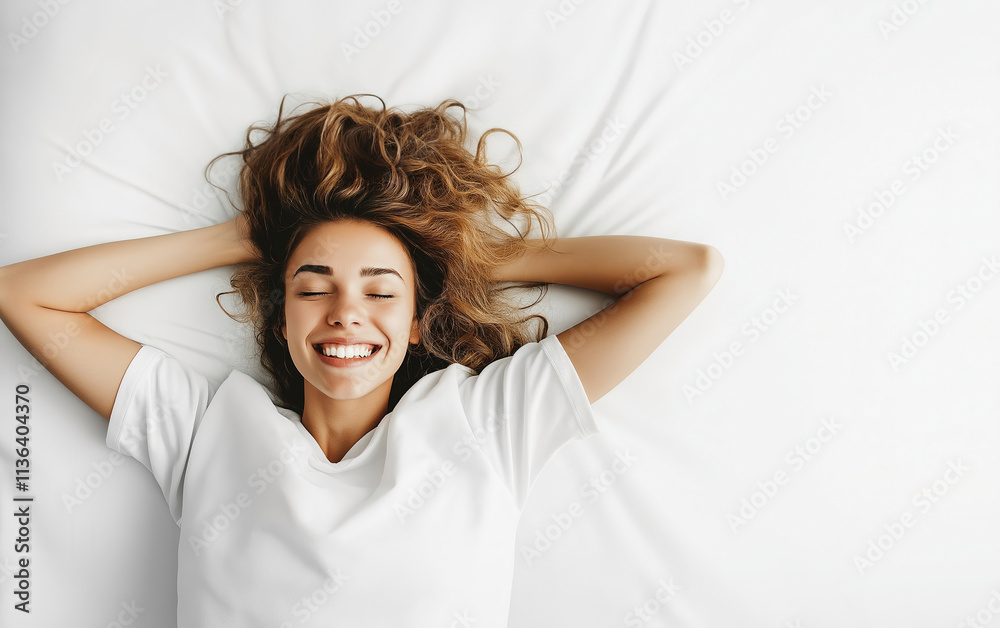 Happy young woman relaxing on a bed with white sheets, enjoying a moment of tranquility and joy in a bright room Happy young woman relaxing on a bed with white sheets, enjoying a moment of tranquility and joy in a bright room