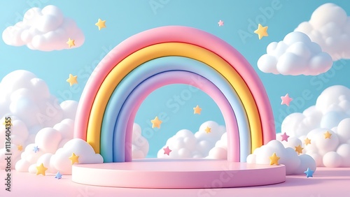 Background podium baby cute product 3d cloud kid children display banner room toy design blue. Podium scene boy background rainbow baby stand studio presentation shower template sale stage poster sky