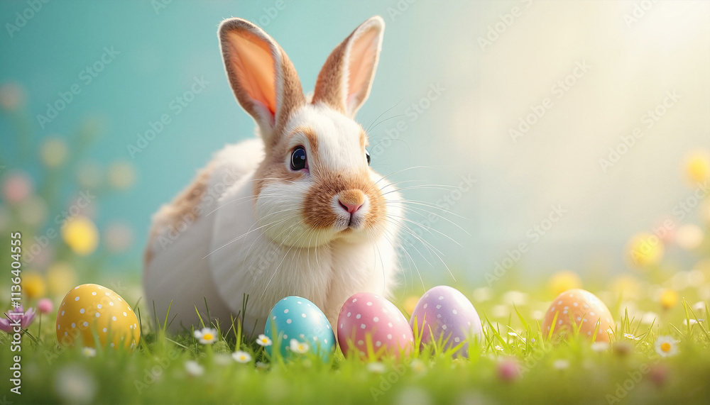 Cute White Easter Bunny on Green Grass with Colorful Eggs Cute White Easter Bunny on Green Grass with Colorful Eggs