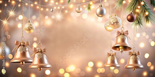 Hanging silver bells and glowing lights on branches, set against a soft, bokeh-lit festive background.