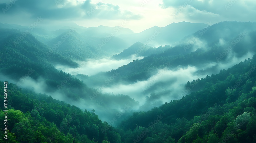 Obraz premium Misty Mountains Enveloped in Verdant Forest
