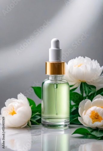 fresh peony flowers and a bottle of cosmetic oil on a white table on a light background. The concept of wellness treatments, home skin care.