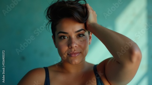 Confident Woman With Short Hair Touching Her Head Against a Teal Background in a Well-Lit Space During Daytime