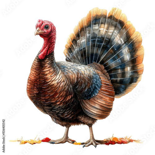 A detailed illustration of a vibrant turkey standing proudly with its fan of feathers displayed against a white isolated background. photo