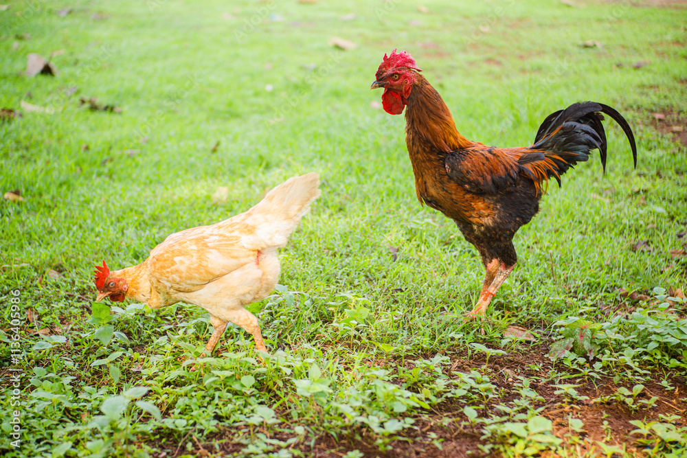 Fototapeta premium The rooster is approaching the hen in the mating season