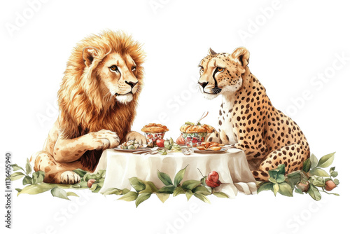 A lion and a cheetah dining elegantly at a table, surrounded by lush greenery, creating a whimsical scene of friendship over a meal.