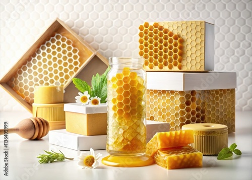 Unique honeycomb shapes, minimalist design.  Isolated top view, clean white background.