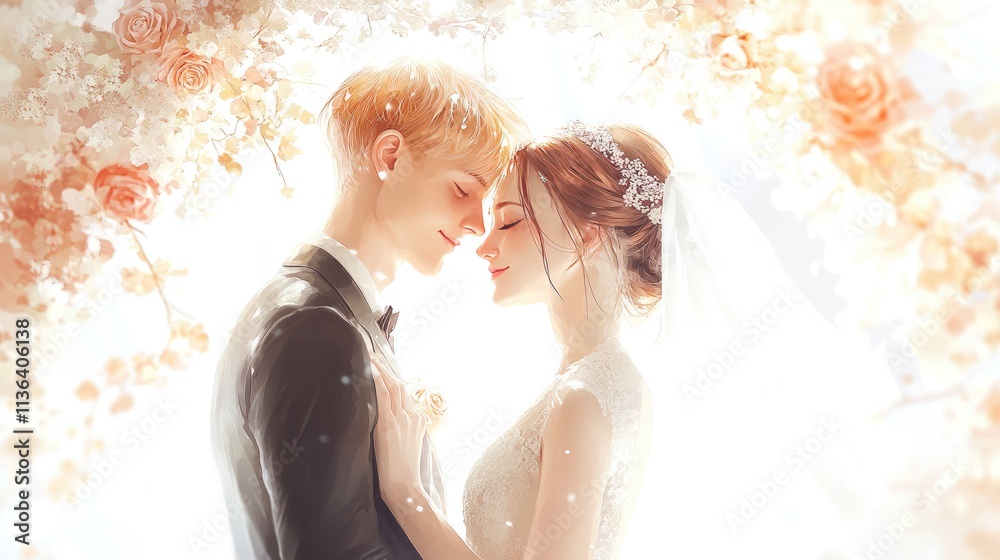 Romantic Wedding Couple Embracing in Soft Floral Setting Romantic Wedding Couple Embracing in Soft Floral Setting