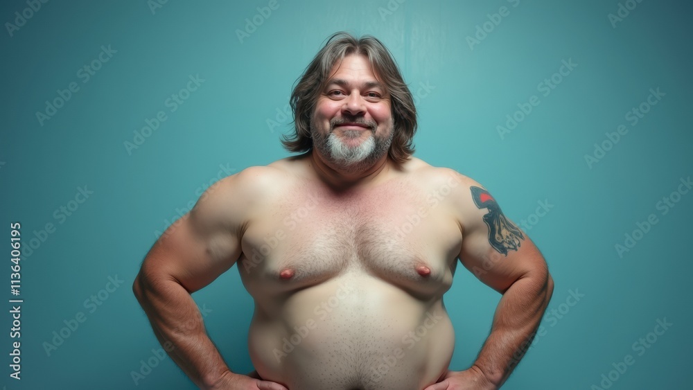 Obraz premium Strong Man With Long Hair and Tattoos Poses Confidently Against a Blue Background in a Relaxed Setting. Fat, overweight, obesity, plus size body positivity