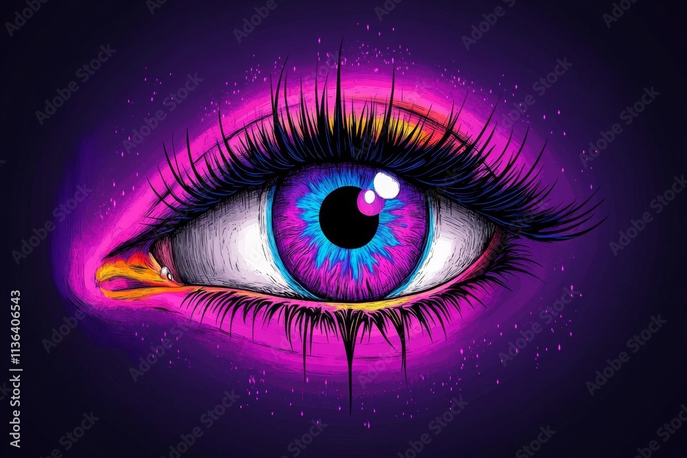 Fototapeta premium A pixel art eye with vibrant colors, blinking slowly in a retro-style animation, set against a dark background