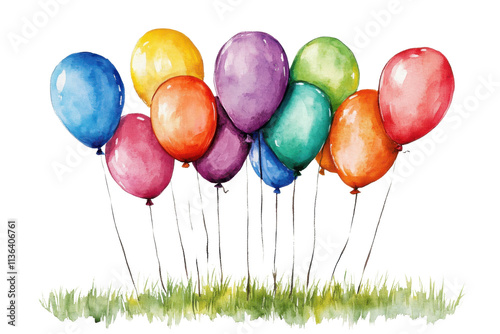 A vibrant collection of colorful balloons floating above a grassy field, creating a festive and cheerful atmosphere perfect for celebrations.