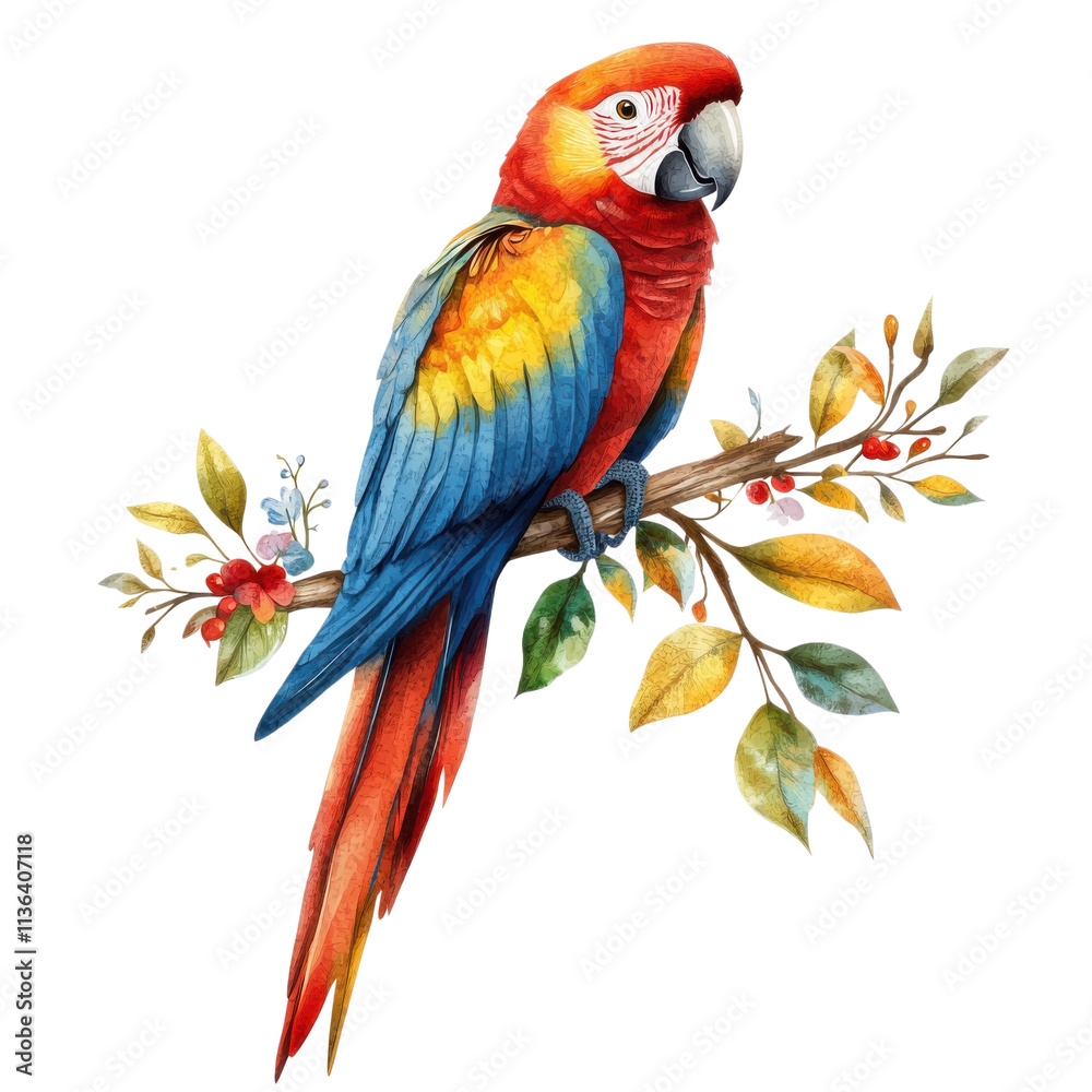 Obraz premium A vibrant scarlet macaw perched on a branch surrounded by colorful leaves, showcasing its brilliant plumage against a white isolated background.