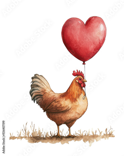 A whimsical illustration of a chicken holding a red heart-shaped balloon, set against a white background.