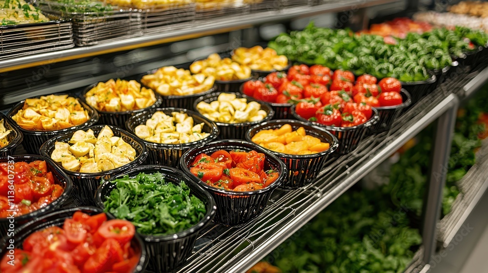 Fresh Vegetables and Healthy Salads Displayed on Shelves in Grocery Store Fresh Vegetables and Healthy Salads Displayed on Shelves in Grocery Store