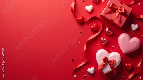 Gift box with beautiful red ribbon and rose, concept of Valentine's, anniversary, mother's day and birthday greeting, copyspace, topview.