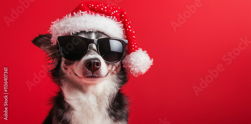 Cute Dog in Santa Hat and Sunglasses with Copy Space for Holiday Promotion