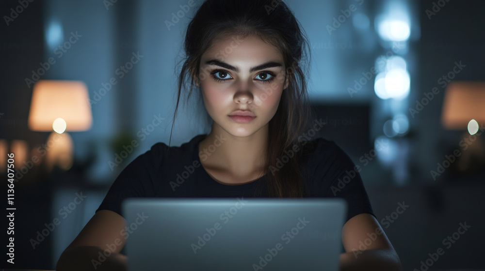 Dedicated young woman working into the night on her laptop in a cozy home setting with soft lighting in the background Dedicated young woman working into the night on her laptop in a cozy home setting with soft lighting in the background