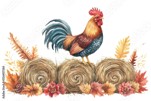 Colorful rooster perched on hay with autumn leaves and flowers, showcasing vibrant plumage in a warm seasonal theme.