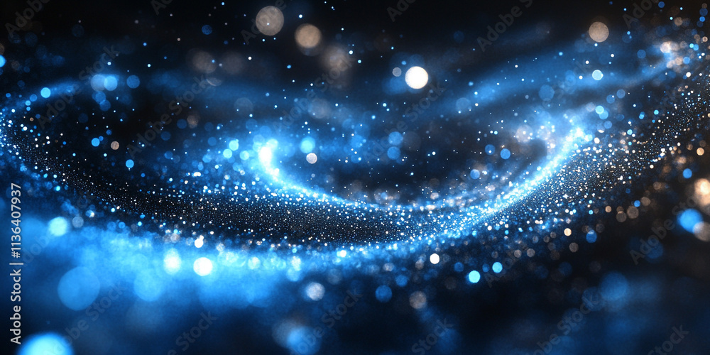 Vibrant blue and silver lights swirl across a deep dark background, adding futuristic motion