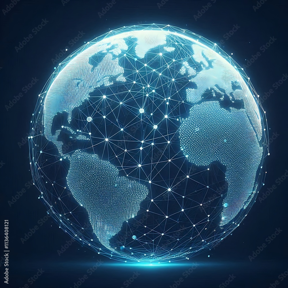 Naklejka premium Wireframe Globe Icon with Glowing Interconnected Data Points Representing Global Connectivity 