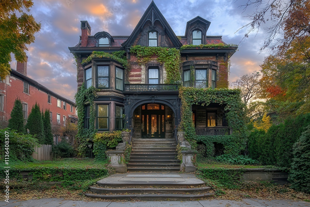 Eerie Abandoned Victorian Mansion Enveloped in Ivy Under a Dramatic Sky. Generative AI Eerie Abandoned Victorian Mansion Enveloped in Ivy Under a Dramatic Sky. Generative AI