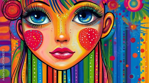 woman face with stripes, fill with polka dots, make a patchwork friend, to love and hold, one who is friendly and not too bold, vibrant bright vivid sparkley colors photo