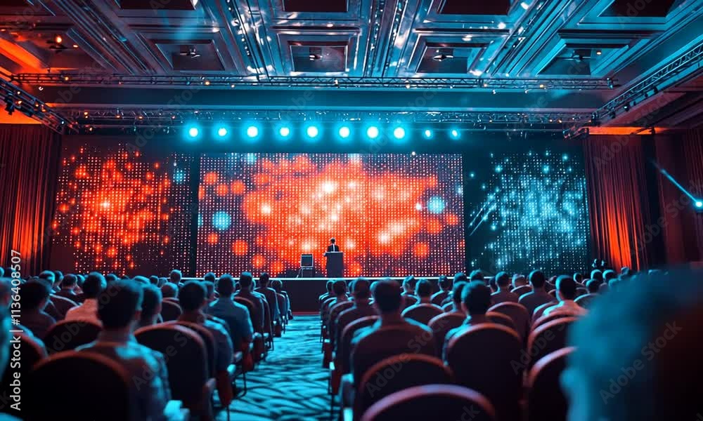Conference setting with audience and vibrant stage lights.