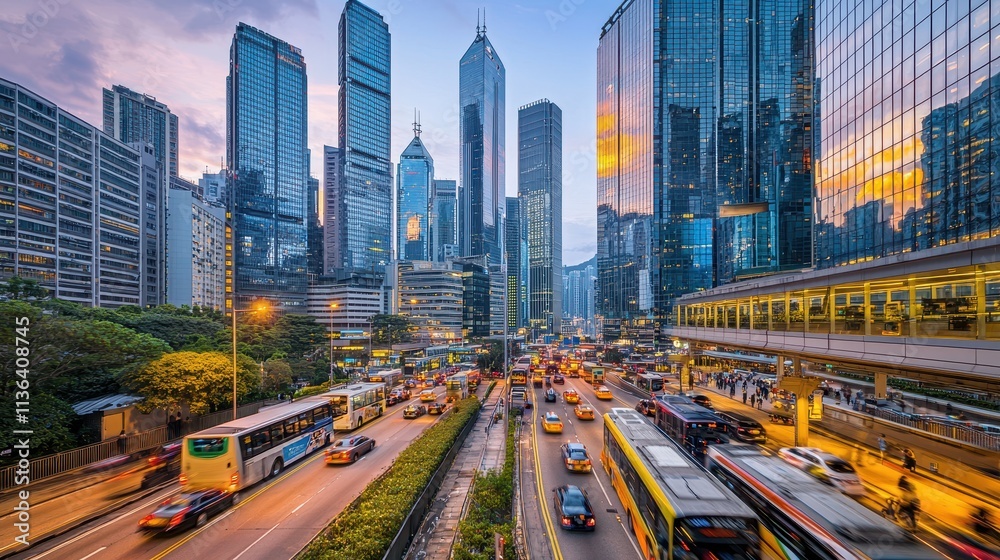 Fototapeta premium A bustling city skyline at dusk, with towering skyscrapers reflecting the last rays of the setting sun. The streets below are alive with movement as cars, buses, and pedestrians navigate the 