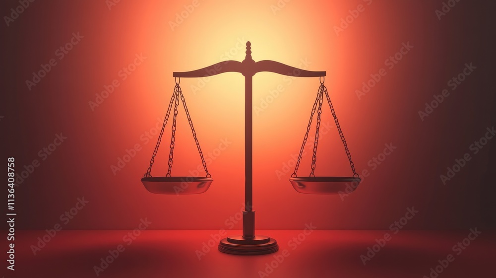 Balanced Scales of Justice in Dramatic Red Lighting Setting Balanced Scales of Justice in Dramatic Red Lighting Setting