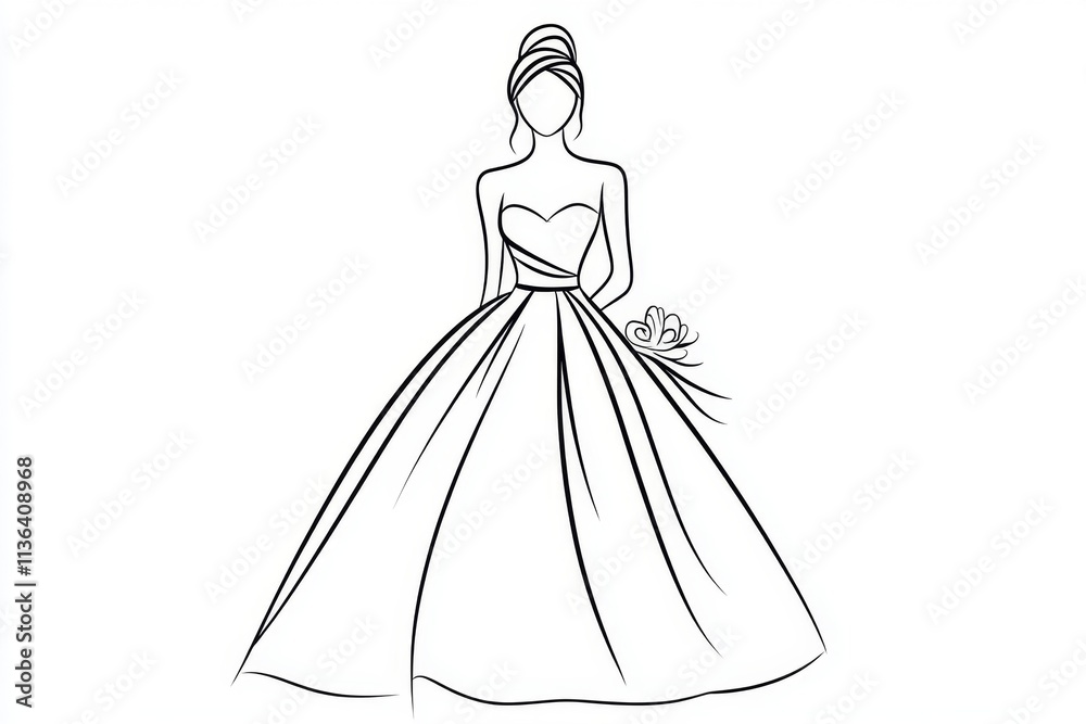 A simple line art illustration of a woman in an elegant evening gown with clean, minimal detailing A simple line art illustration of a woman in an elegant evening gown with clean, minimal detailing