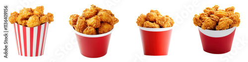 Golden Fried Chicken in Iconic Red and White Bucket, Classic Fast Food Delight, Isolated on Crisp White Background